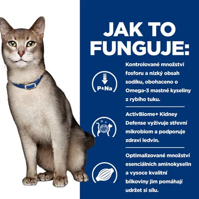 Text v češtine: Jak to funguje. Kontrolované množství fosforu a nízký obsah sodíku, obohaceno o Omega-3 mastné kyseliny z rybího tuku. ActivBiome+ Kidney Defense vyživuje střevní mikrobiom a podporuje zdraví ledvin. Optimalizované množství esenciálních aminokyselin a vysoce kvalitní bílkoviny jim pomáhají udržet sílu.