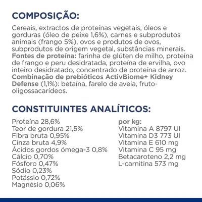 Composição: cereais, proteínas vegetais, óleos e gorduras, carnes e subprodutos animais, ovos, minerais. Constituintes analíticos: proteína 28,6 %, gordura 21,5 %, fibra 0,95 %, vitaminas.