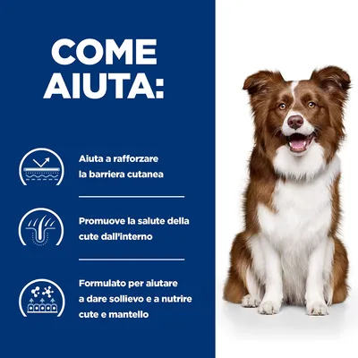 COME AIUTA: Aiuta a rafforzare la barriera cutanea. Promuove la salute della cute dall’interno. Formulato per aiutare a dare sollievo e a nutrire cute e mantello.