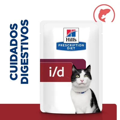 Hill's Prescription Diet i/d para gatos, embalagem com texto 'CUIDADOS DIGESTIVOS' à esquerda e símbolo de peixe no canto superior direito.