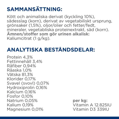 Sammansättning: kött och animaliska derivat (kyckling 10 %), spannmål, grönsaker (1,5 %), oljor/fetter, mineraler. Analytiska beståndsdelar: protein 4,3 %, fett 3,4 %, vätska 81,3 %.