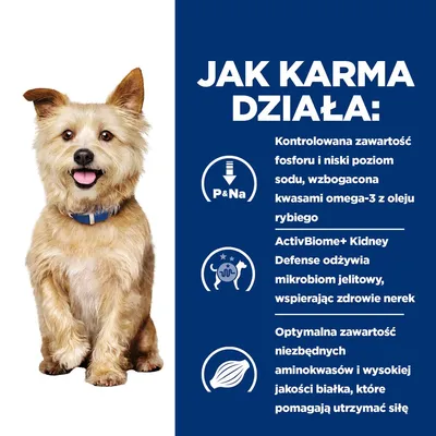 Jak karma działa: kontrolowana zawartość fosforu i niski poziom sodu, omega-3 z oleju rybiego, ActivBiome+ Kidney Defense wspiera mikrobiom jelitowy i nerki, optymalne aminokwasy i białko.