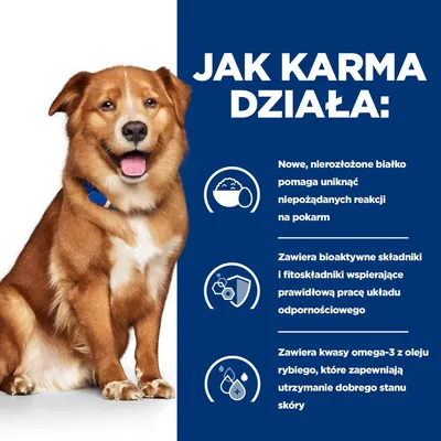 Jak karma działa: nowe, nierozłożone białko pomaga unikać niepożądanych reakcji; bioaktywne składniki wspierają odporność; kwasy omega-3 z oleju rybiego dbają o skórę.