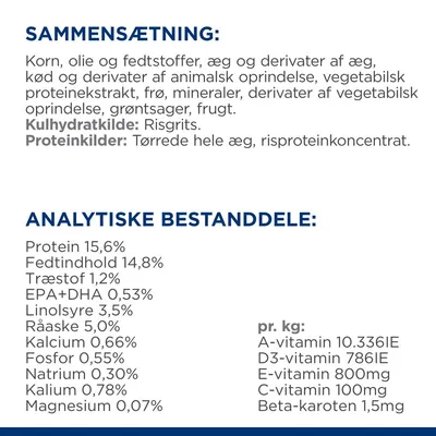 Sammensætning: korn, olie og fedtstoffer, æg, kød, vegetabilsk protein, frø, mineraler, grøntsager, frugt. Kulhydratkilde: risgrits. Protein: 15,6 %, fedt: 14,8 %, fibre: 1,2 % m.m.