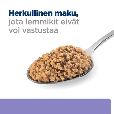 Lusikallinen ruskeaa lemmikkien märkäruokaa, yläpuolella teksti: Herkullinen maku, jota lemmikit eivät voi vastustaa.