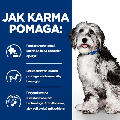 Jak karma pomaga: fantastyczny smak pobudza apetyt, lekkostrawne białko wspiera siłę i energię, technologia ActivBiome+ odżywia mikrobiom. Tekst po lewej stronie obok psa.
