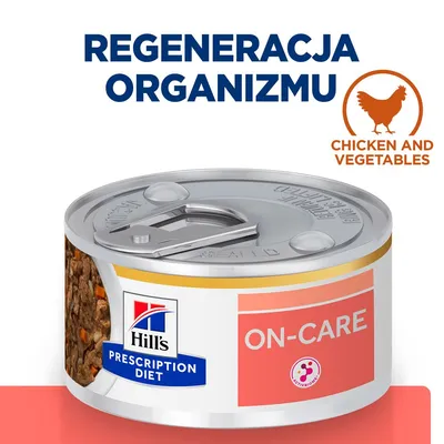 Hill's Prescription Diet ON-CARE, regeneracja organizmu, kurczak i warzywa. Widoczna puszka karmy z etykietą oraz tekstem 'CHICKEN AND VEGETABLES'.