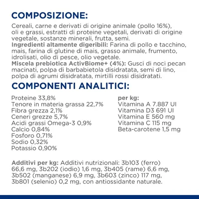 Composizione: cereali, carne e derivati animali (pollo 16%), oli e grassi, proteine vegetali, frutta, semi. Componenti analitici: proteine 33,8%, grassi 22,7%, fibra 2,1%, vitamine e minerali.