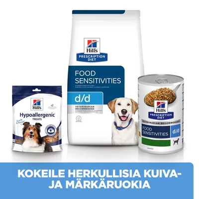 Hill's Prescription Diet Food Sensitivities d/d -kuivaruoka ja märkäruoka sekä Hypoallergenic Treats -herkut koirille. Teksti: Kokeile herkullisia kuiva- ja märkäruokia.