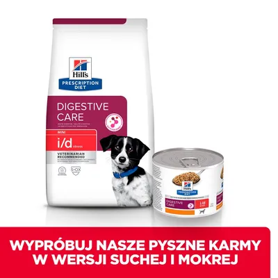Hill's Prescription Diet Digestive Care MINI i/d stress dla psów, opakowanie suchej karmy i puszka mokrej. Napis: Wypróbuj nasze pyszne karmy w wersji suchej i mokrej.