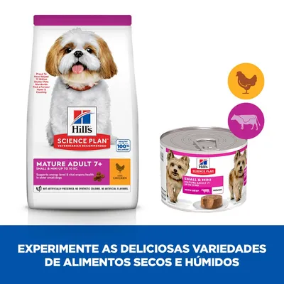 Hill's Science Plan Mature Adult 7+ Small & Mini até 10 kg, embalagem de ração seca com frango e lata de alimento húmido com vaca. Texto: experimente as deliciosas variedades.