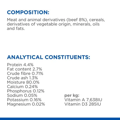 Composition: meat and animal derivatives (beef 8%), cereals, vegetable derivatives, minerals, oils, fats. Analytical constituents: protein 4.4%, fat 2.7%, moisture 80%, vitamins A and D3.