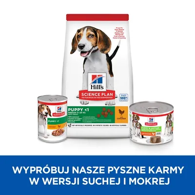Hill's Science Plan Puppy <1 Medium 11–25 kg, karma sucha i mokra z kurczakiem. Widoczne opakowania: worek oraz dwie puszki. Tekst: Wypróbuj nasze pyszne karmy w wersji suchej i mokrej.