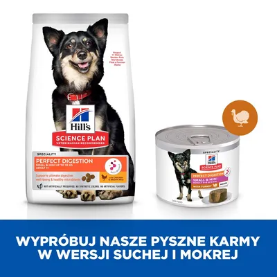 Hill's Science Plan Perfect Digestion Small & Mini do 10 kg, karma sucha z kurczakiem i brązowym ryżem oraz mokra z indykiem. Widoczny pies na opakowaniach.