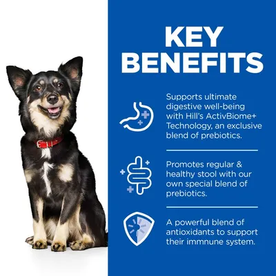 Tekst na engleskom: Key Benefits. Supports ultimate digestive well-being with Hill’s ActivBiome+ Technology, an exclusive blend of prebiotics. Promotes regular & healthy stool with our own special blend of prebiotics. A powerful blend of antioxidants to support their immune system.