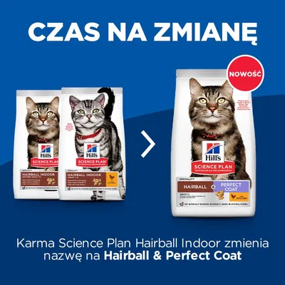 Karma Hill's Science Plan Hairball Indoor zmienia nazwę na Hairball & Perfect Coat. Widoczne opakowania starej i nowej wersji, oznaczenie 'Nowość'.