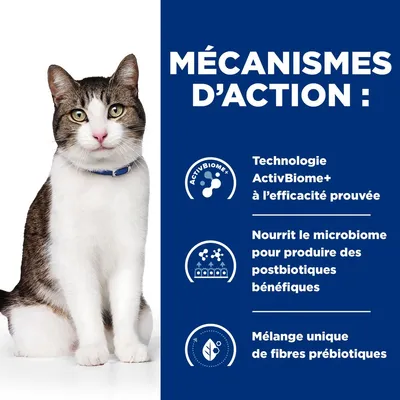 Mécanismes d’action : Technologie ActivBiome+ à l’efficacité prouvée, nourrit le microbiome pour produire des postbiotiques bénéfiques, mélange unique de fibres prébiotiques.