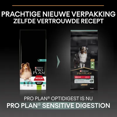 PRO PLAN Optidigest Medium Adult heet nu PRO PLAN Sensitive Digestion Medium Adult. Nieuwe verpakking, zelfde recept. Beide verpakkingen met hondenafbeelding zichtbaar.