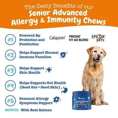 Senior Advanced Allergy & Immunity Chews benefits: powered by probiotics and postbiotics, supports immune function, skin health, gut health, seasonal allergy symptoms. Bonus: with real salmon.