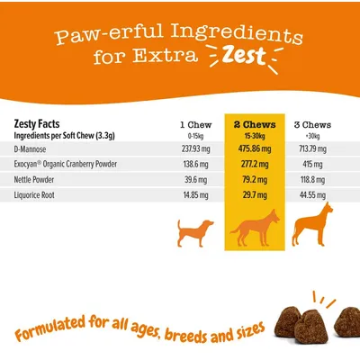 Feeding guide showing ingredient amounts per soft chew for different weight ranges, with D-Mannose, cranberry powder, nettle powder and liquorice root. Formulated for all ages, breeds and sizes.