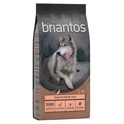 Embalagem de ração briantos, 12 kg. Texto visível: 'Senior', 'Grain-free recipe', 'Low muscle waste', 'Made in Germany', imagem de lobo na frente.
