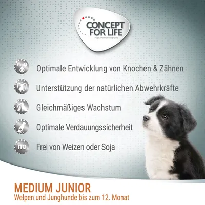 Concept for Life Medium Junior: Optimale Entwicklung von Knochen & Zähnen, Unterstützung der Abwehrkräfte, gleichmäßiges Wachstum, Verdauungssicherheit, frei von Weizen oder Soja.