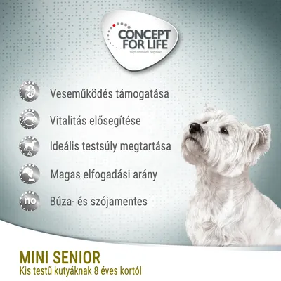 Concept for Life Mini Senior. Veseműködés támogatása, vitalitás elősegítése, ideális testsúly megtartása, magas elfogadási arány, búza- és szójamentes. Kis testű kutyáknak 8 éves kortól.