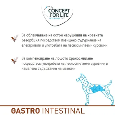 CONCEPT FOR LIFE Veterinary Diet. За облекчаване на остри нарушения на чревната резорбция и компенсиране на лошото храносмилане. GASTRO INTESTINAL.