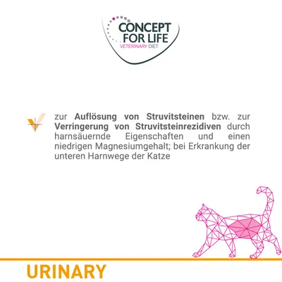 CONCEPT FOR LIFE VETERINARY DIET URINARY. Texte en allemand : pour la dissolution des calculs de struvite et la réduction des récidives chez le chat, faible teneur en magnésium.