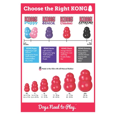 Guide comparing KONG Puppy, Senior, Classic, and Extreme toys by durability, rubber type, colour, and suitable chewer strength. Includes size chart from XS to XXL with weight ranges.