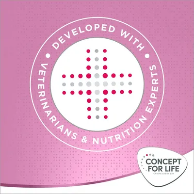 Testo in inglese: Developed with veterinarians & nutrition experts. Marchio Concept for Life Caring Every Day.