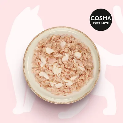 Cosma Pure Love. Schüssel mit zerkleinertem Hühnerfleisch vor rosa Hintergrund mit Katzenumriss.