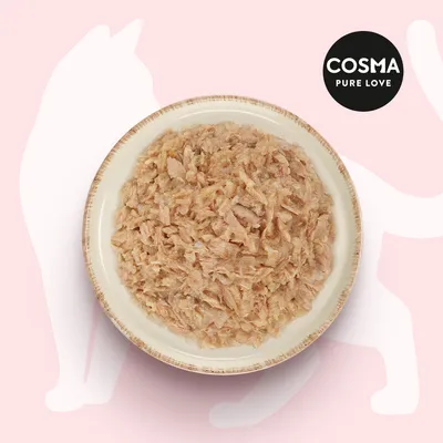 Cosma Pure Love. Skål med strimlat kött på rosa bakgrund med kattkontur.
