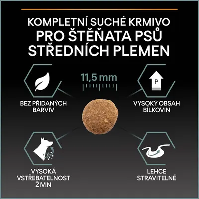 Kompletní suché krmivo pro štěňata psů středních plemen, průměr granule 11,5 mm, bez přidaných barviv, vysoký obsah bílkovin, vysoká vstřebatelnost živin, lehce stravitelné.