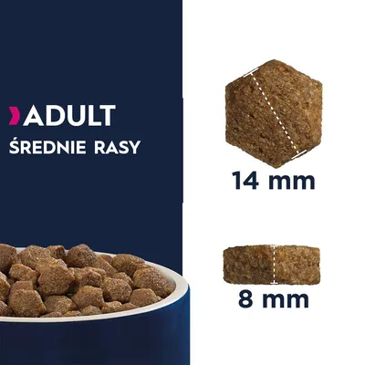 Karma ADULT średnie rasy; widoczne granulki w misce oraz przekrój: średnica 14 mm, wysokość 8 mm.