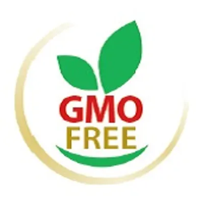 GMO FREE (κείμενο στα αγγλικά) με δύο πράσινα φύλλα πάνω από το κείμενο