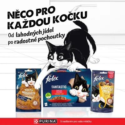 PURINA felix Tasty Nuggets, Fantastic a Party Mix. Text: NIEČO PRE KAŽDÚ MAČKU. Od lahodných jedál po radostné pochúťky.