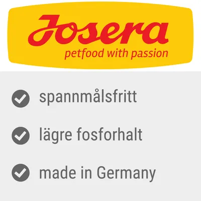 Josera petfood with passion. Spannmålsfritt, lägre fosforhalt, made in Germany.