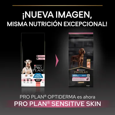 Cambio de imagen en el envase de PURINA PRO PLAN Large Athletic Adult: antes Optiderma, ahora Sensitive Skin. Misma nutrición excepcional. Visible texto promocional y ambos paquetes.