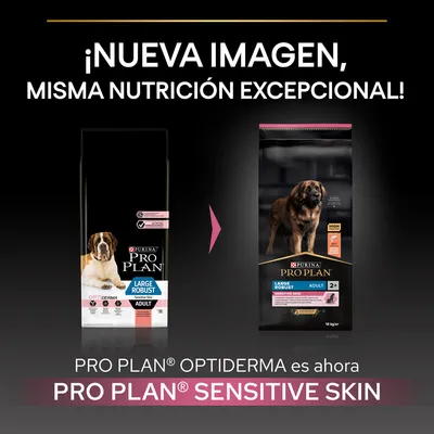 PRO PLAN OPTIDERMA es ahora PRO PLAN SENSITIVE SKIN. Imagen de dos sacos: antes 'Large Robust Sensitive Skin Adult', ahora 'Large Robust Adult 2+ Sensitive Skin'.
