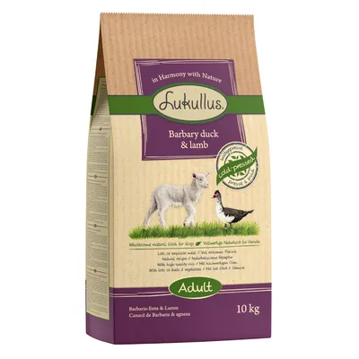 Lukullus Adult Hundefutter, Barbarie-Ente & Lamm, kaltgepresst, 10 kg. Vollwertige Naturkost für Hunde mit Obst und Gemüse.