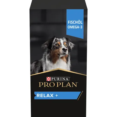 Purina Pro Plan Relax+ mit Fischöl Omega-3. Verpackung zeigt einen Hund.