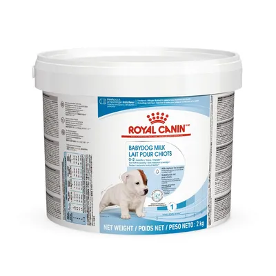 Royal Canin Babydog Milk, zamjena za mlijeko za štence 0–2 mjeseca, pakiranje od 2 kg. Vidljive upute i tablica doziranja na ambalaži.