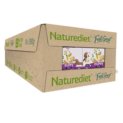 Box containing 18 x 390g packs of Naturediet Feel Good Puppy Chicken, British made, with recyclable packaging.