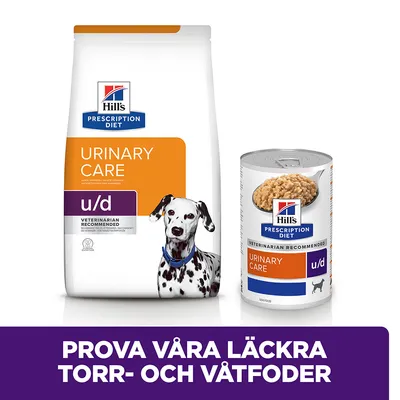 Hill's Prescription Diet Urinary Care u/d torrfoderpåse och våtfoderburk med hundbild. Text: Prova våra läckra torr- och våtfoder.
