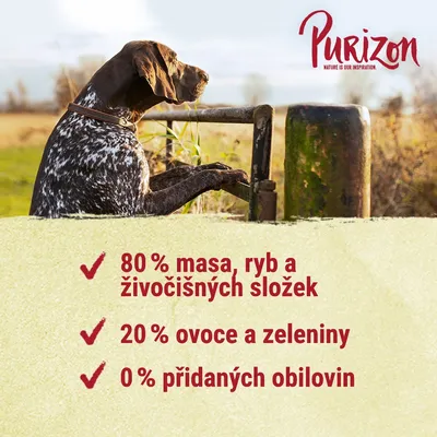 Purizon. 80 % masa, ryb a živočišných složek, 20 % ovoce a zeleniny, 0 % přidaných obilovin.