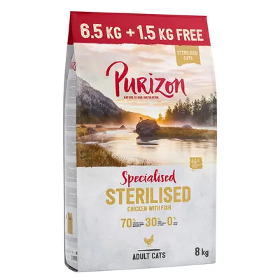 Purizon Specialised Sterilised Chicken with Fish para gatos adultos esterilizados, 8 kg. Oferta: 6,5 kg + 1,5 kg grátis. 70 % ingredientes animais, 30 % vegetais, 0 % cereais.