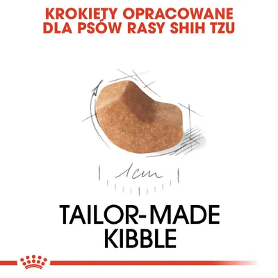 Krokiety opracowane dla psów rasy Shih Tzu, ilustracja krokieta z oznaczeniem 1 cm, tekst: tailor-made kibble.