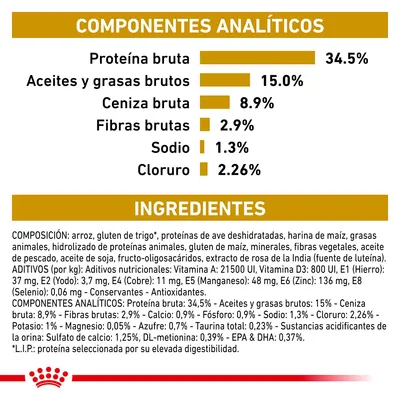 Componentes analíticos: proteína bruta 34,5 %, aceites y grasas brutos 15 %, ceniza bruta 8,9 %, fibras brutas 2,9 %, sodio 1,3 %, cloruro 2,26 %. Ingredientes detallados visibles.
