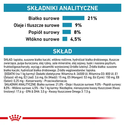 Składniki analityczne: białko surowe 21 %, oleje i tłuszcze surowe 9 %, popiół surowy 8 %, włókno surowe 4,5 %. Skład: tapioka, suszone białko kaczki, włókno roślinne, hydrolizat białka drobiowego.